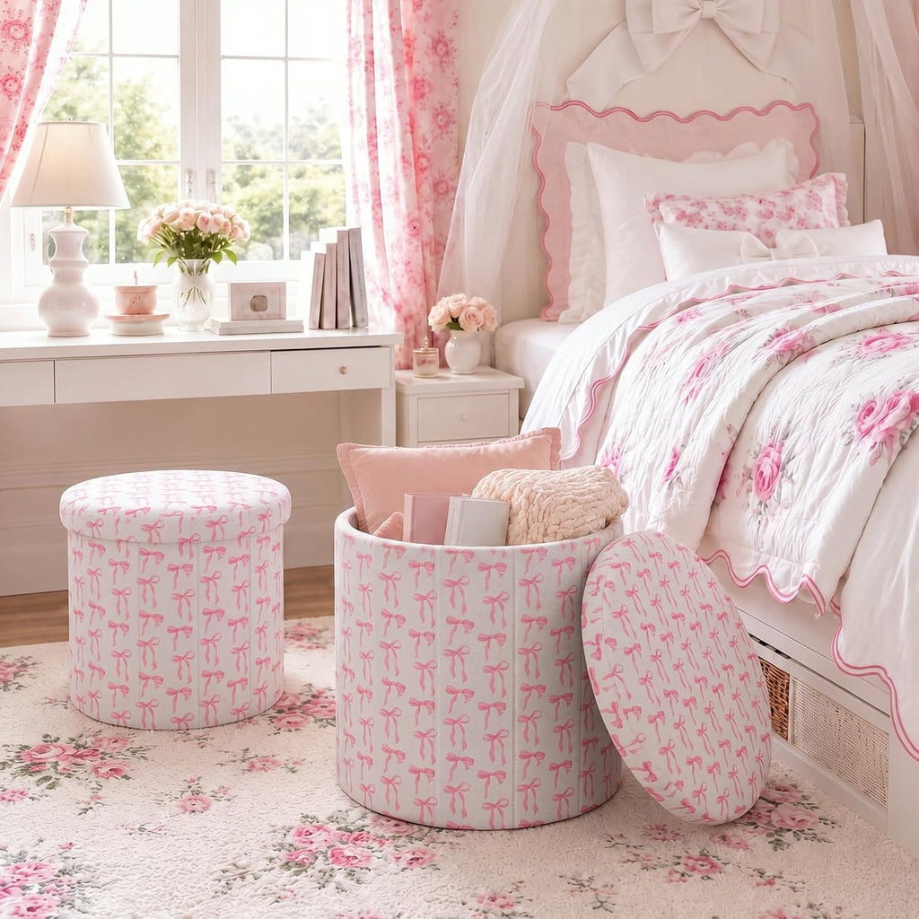 Pink Bow Dorm Storage Ottoman Set