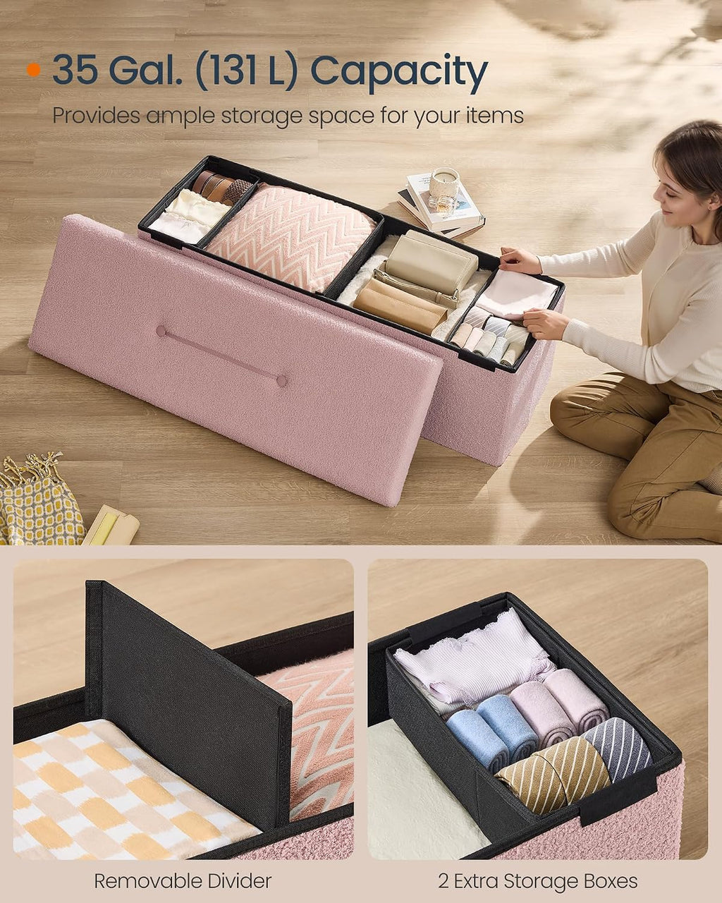 Jelly‑Pink Folding Storage Ottoman Bench