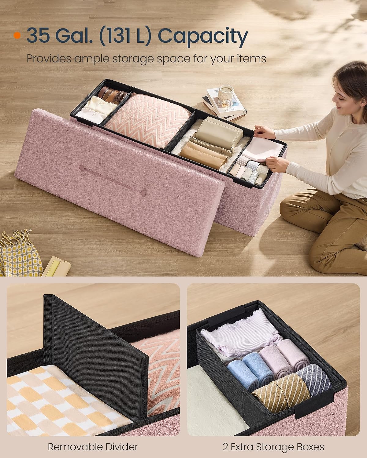 Jelly‑Pink Folding Storage Ottoman Bench