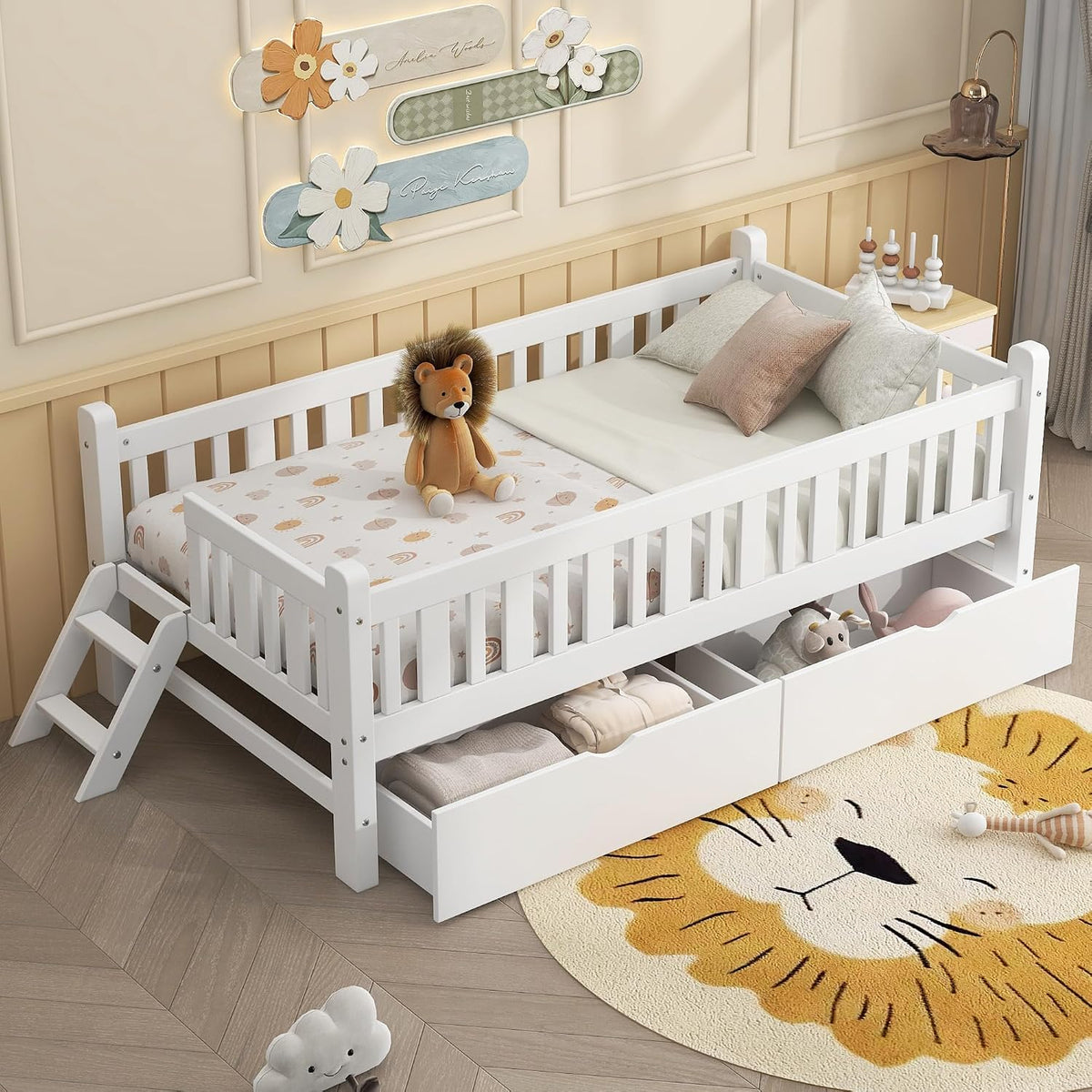 White Kids Platform Bed Drawer Stairs