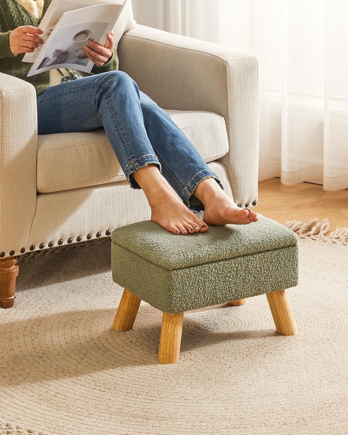 Green Teddy Velvet Wood‑Leg Storage Ottoman