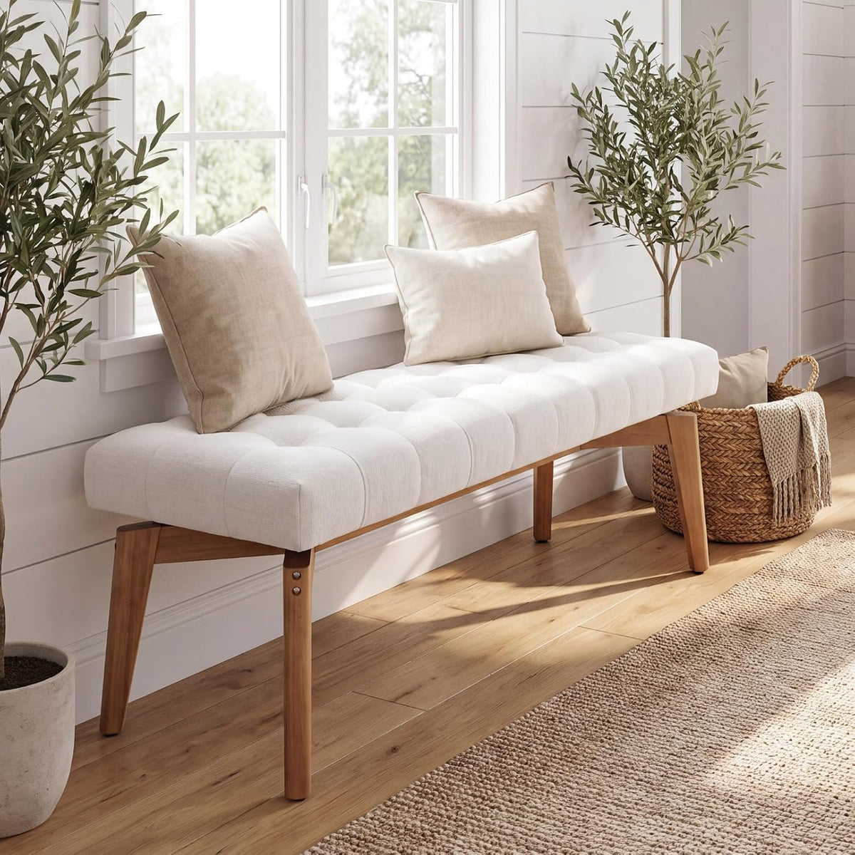 White Chenille Tufted Storage Upholstered Bench