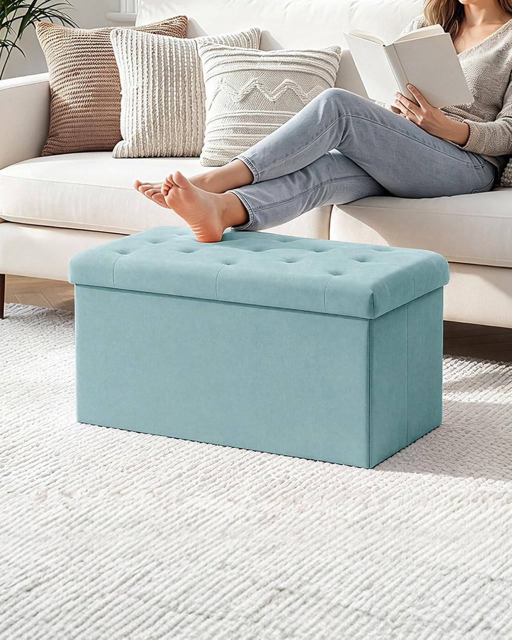 Teal Velvet Storage Ottoman Bench