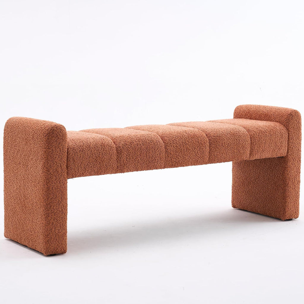 Orange Boucle Tufted Padded Upholstered Bench