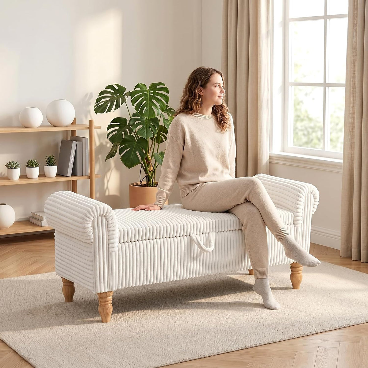 White Corduroy Rolled‑Arm Storage Ottoman Bench