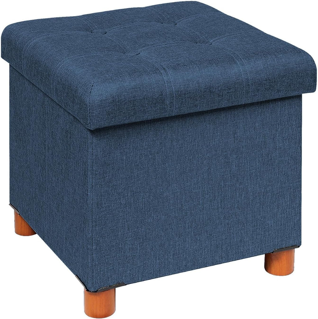 Blue Linen Storage Ottoman with Legs