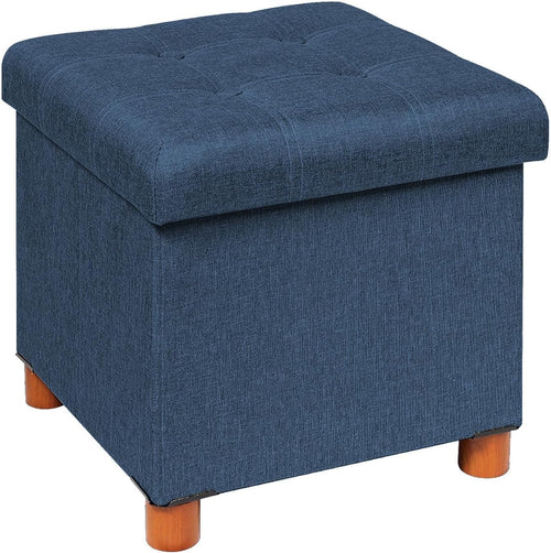 Blue Linen Storage Ottoman with Legs