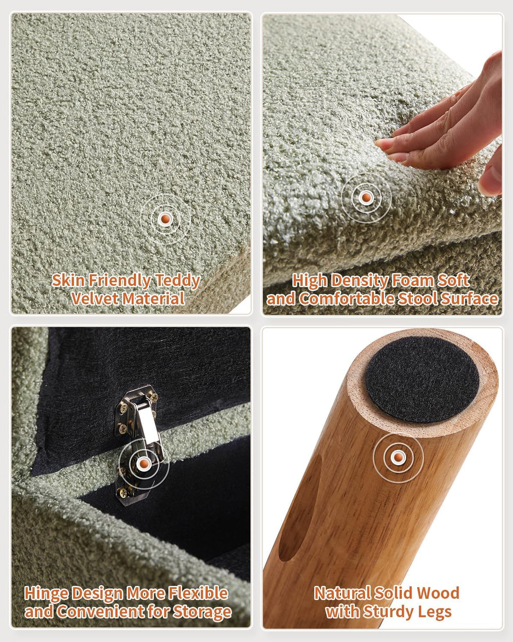 Green Teddy Velvet Wood‑Leg Storage Ottoman