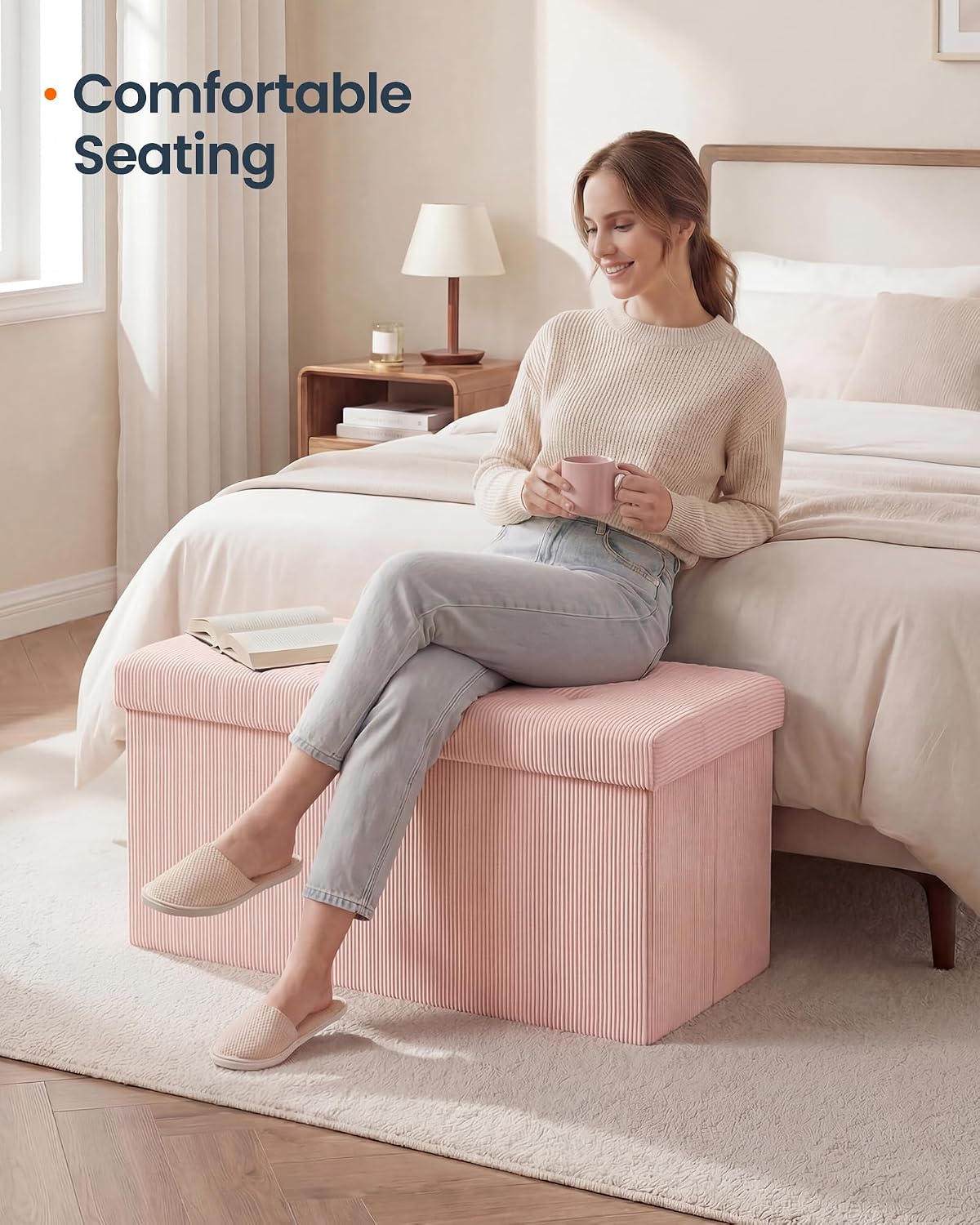 Light‑Pink Corduroy Storage Ottoman Bench