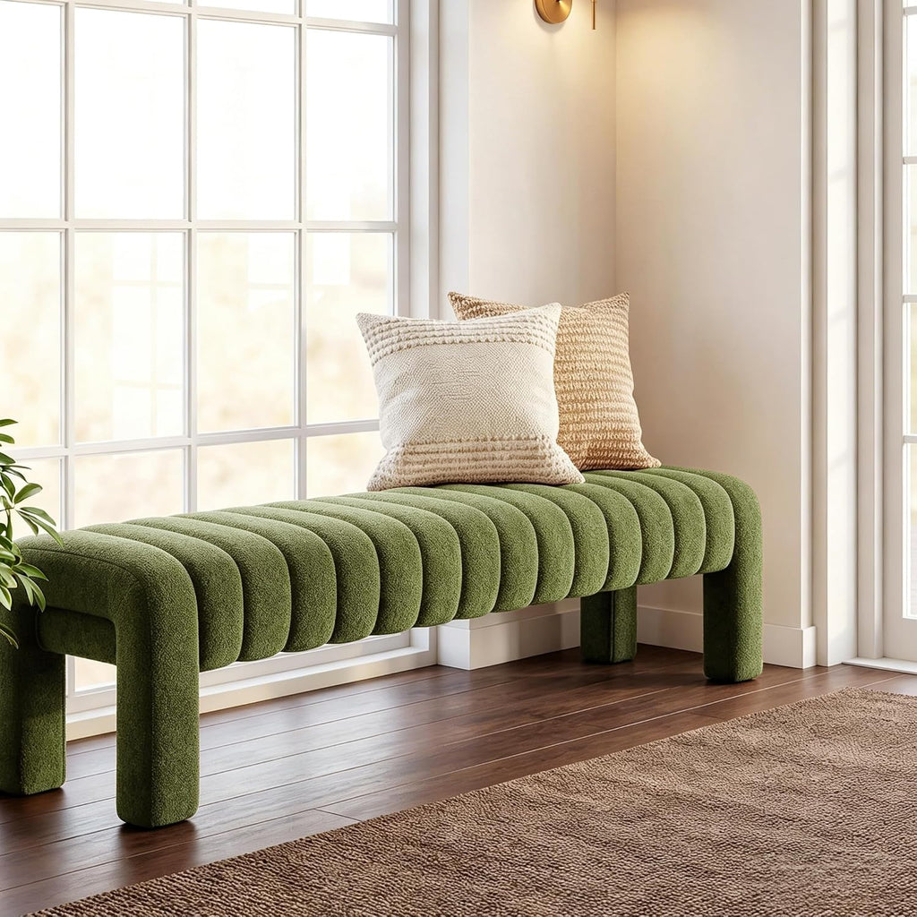 Green Boucle Tufted Wood‑Leg Upholstered Bench