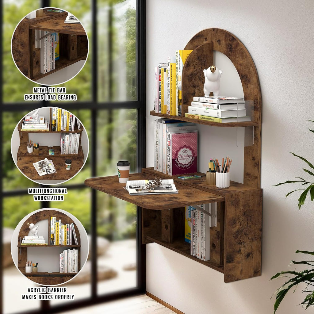 Rustic Brown Wall‑Mount Folding Desk Shelf