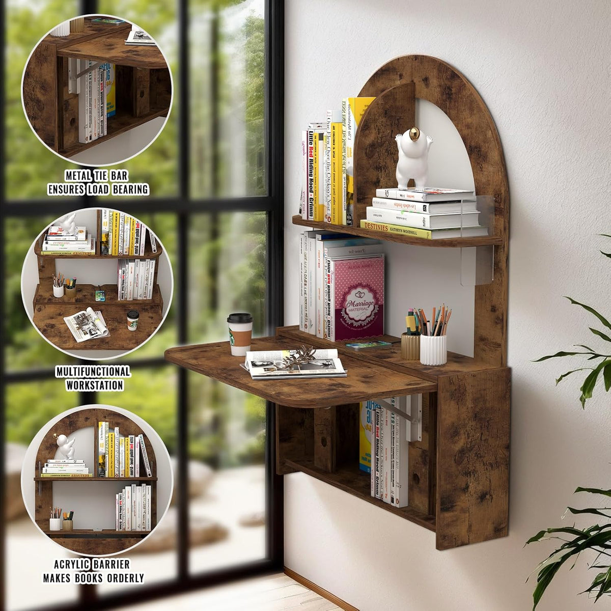 Rustic Brown Wall‑Mount Folding Desk Shelf