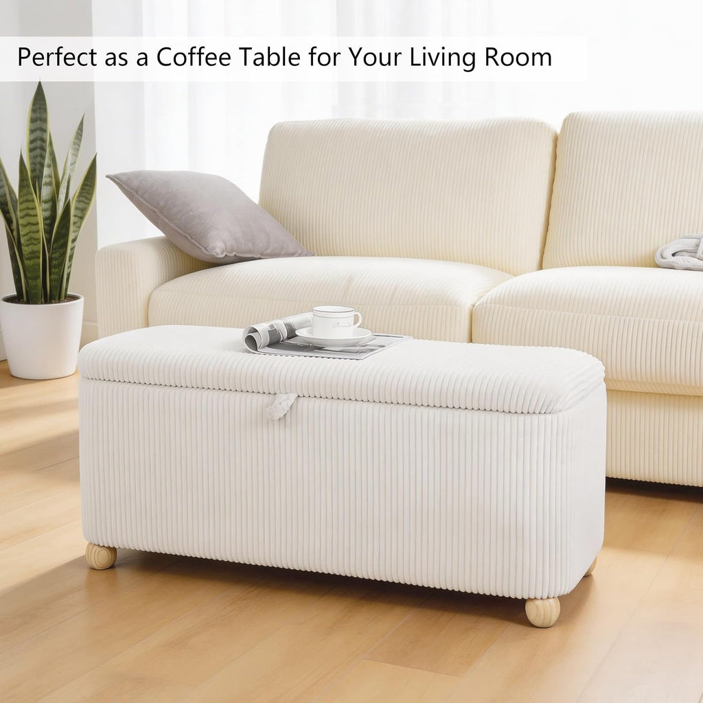 White Corduroy Storage Bench