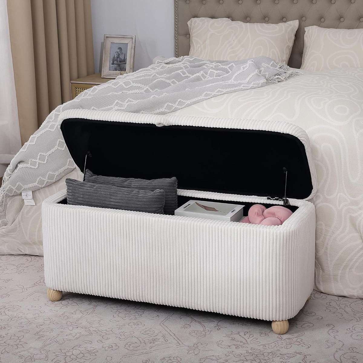 White Corduroy Storage Bench
