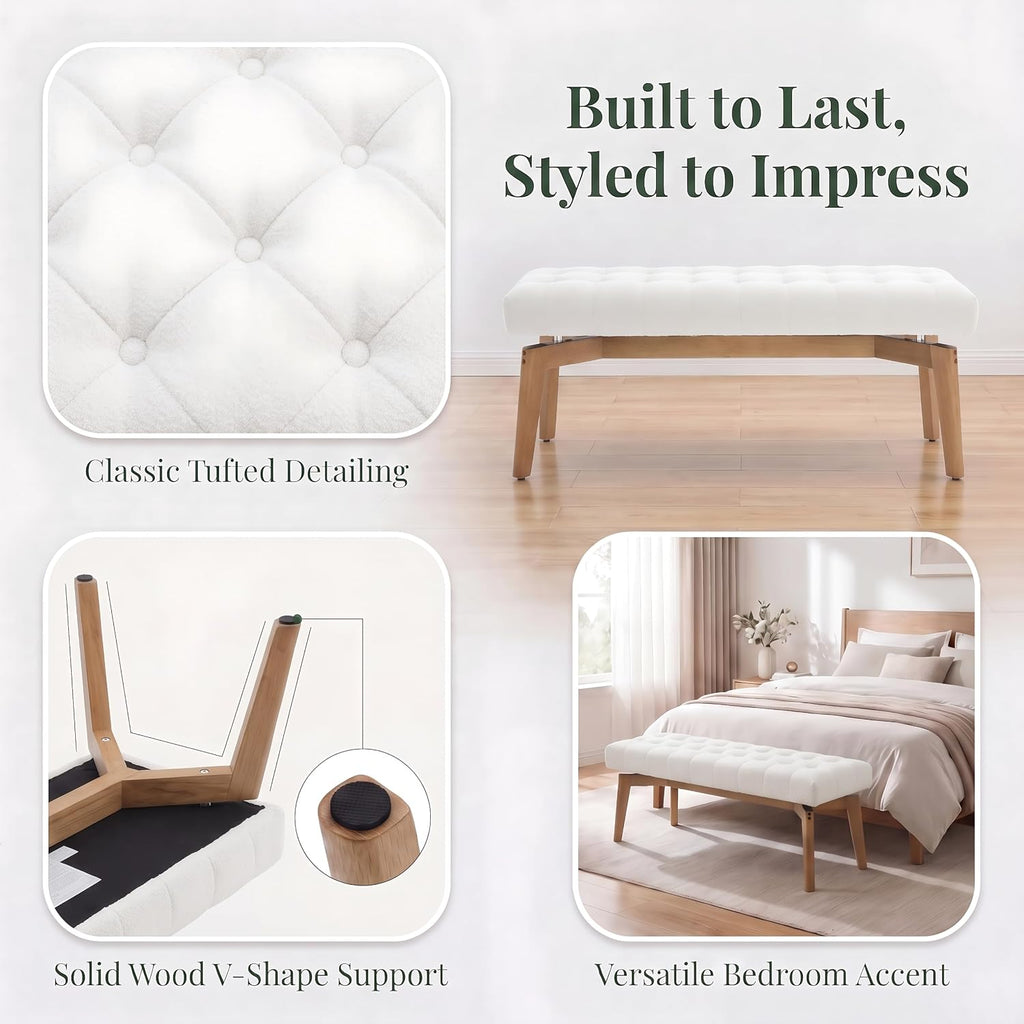 White Chenille Tufted Storage Upholstered Bench