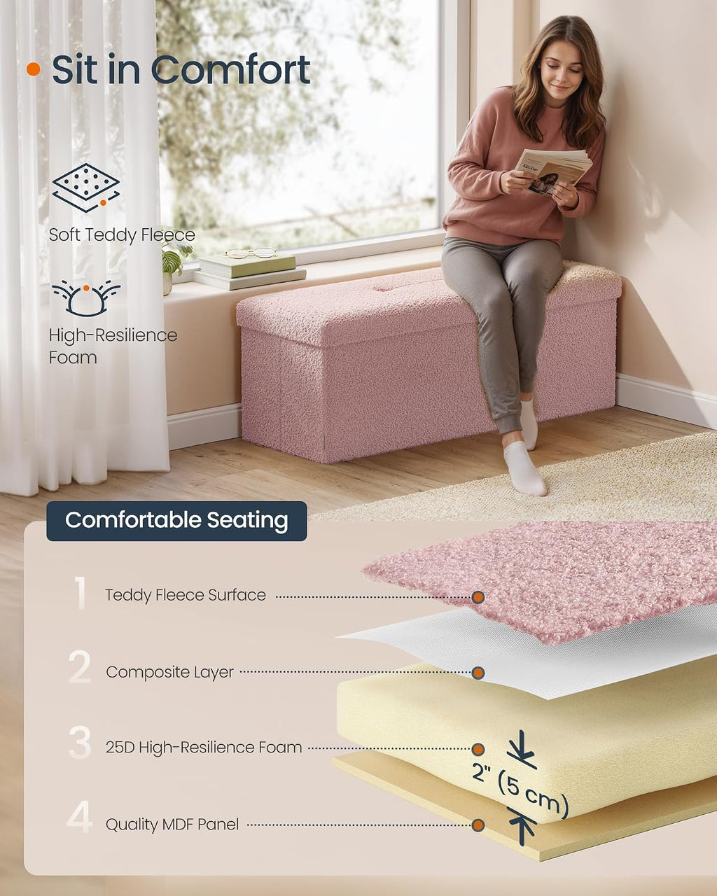 Jelly‑Pink Folding Storage Ottoman Bench