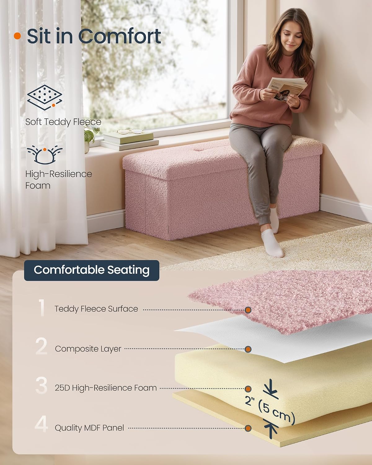 Jelly‑Pink Folding Storage Ottoman Bench