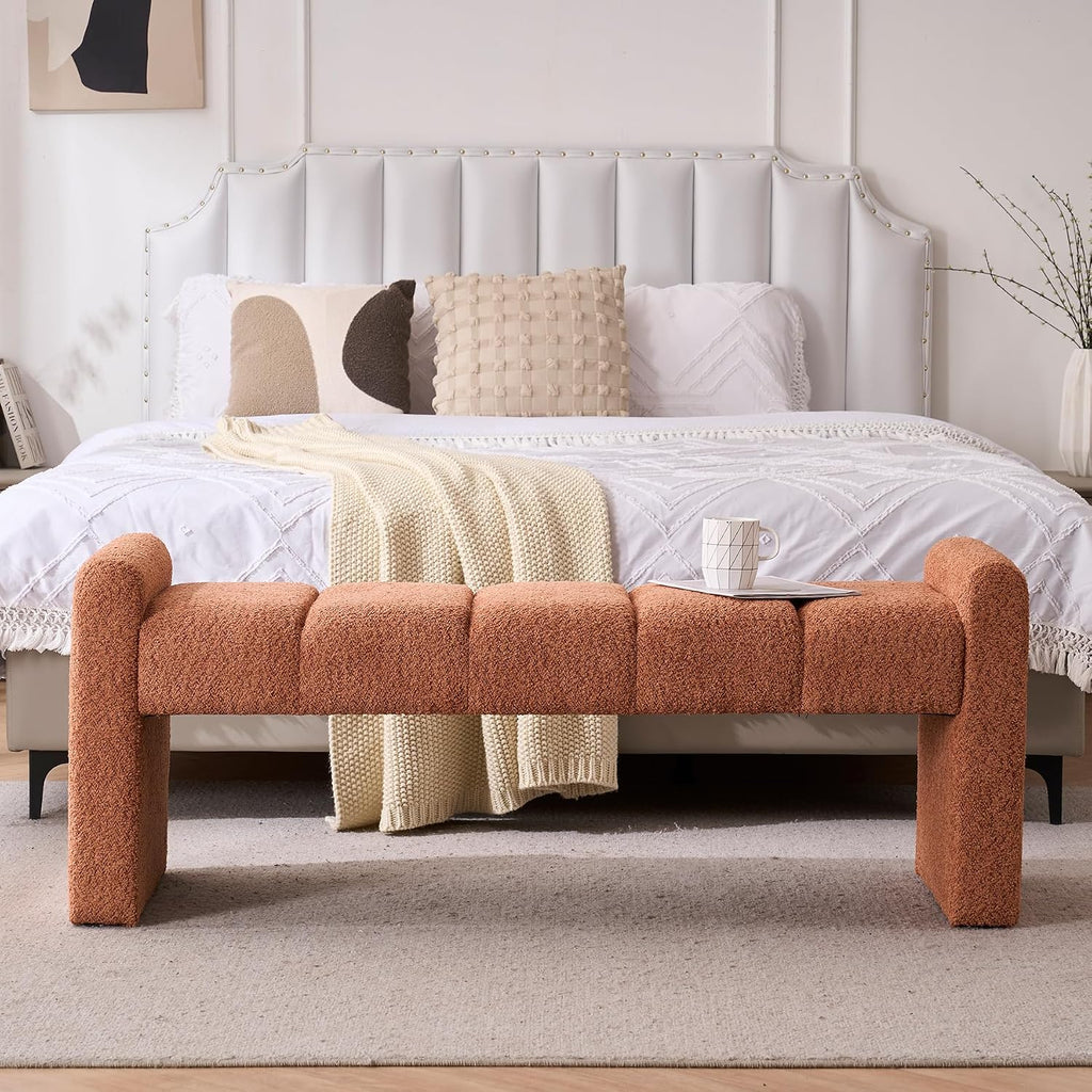 Orange Boucle Tufted Padded Upholstered Bench