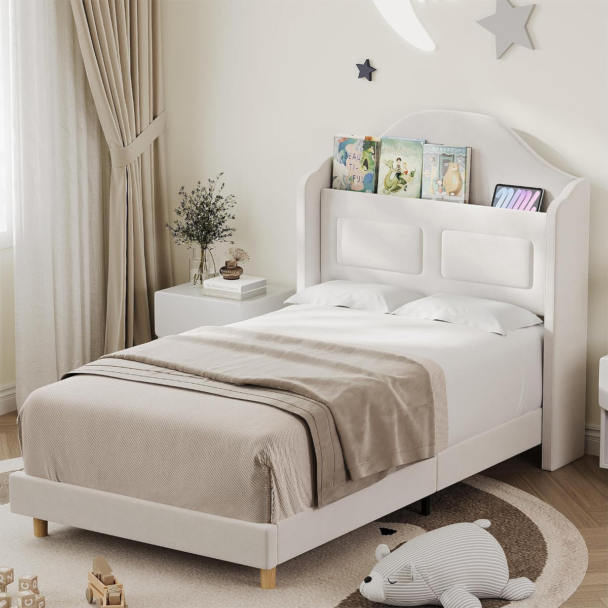 Beige Velvet Kids LED Bed Frame