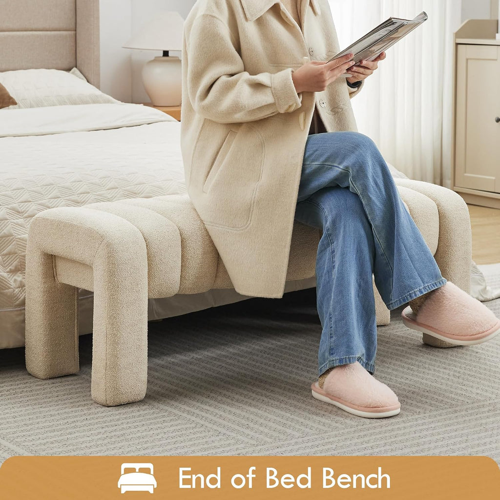 Beige Linen Channel Tufted Upholstered Bench