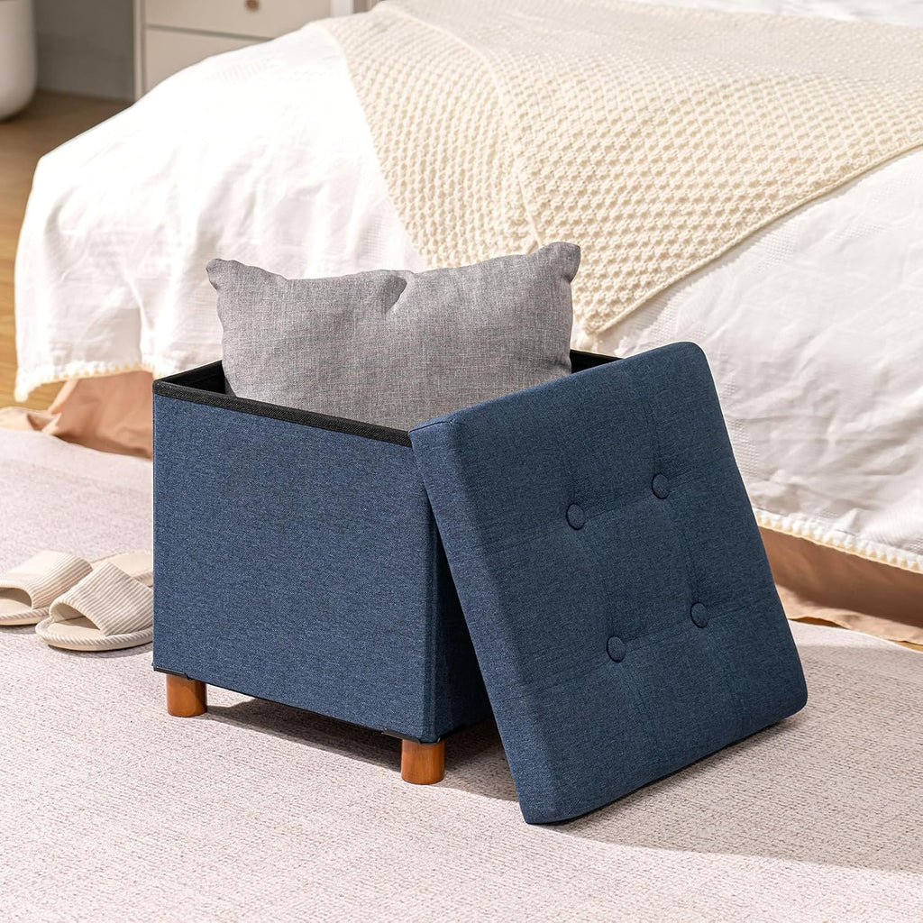 Blue Linen Storage Ottoman with Legs