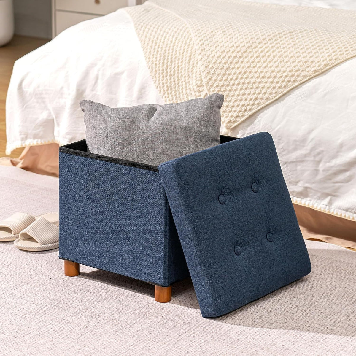 Blue Linen Storage Ottoman with Legs