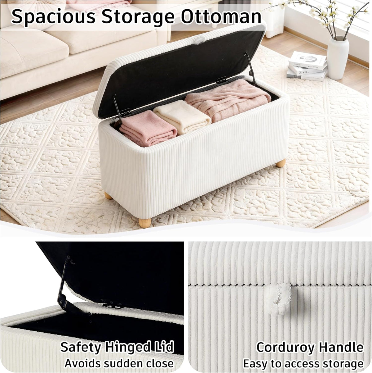 White Corduroy Storage Bench