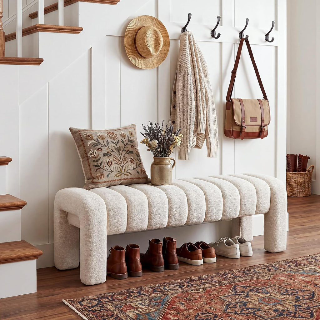 Beige Linen Channel Tufted Upholstered Bench