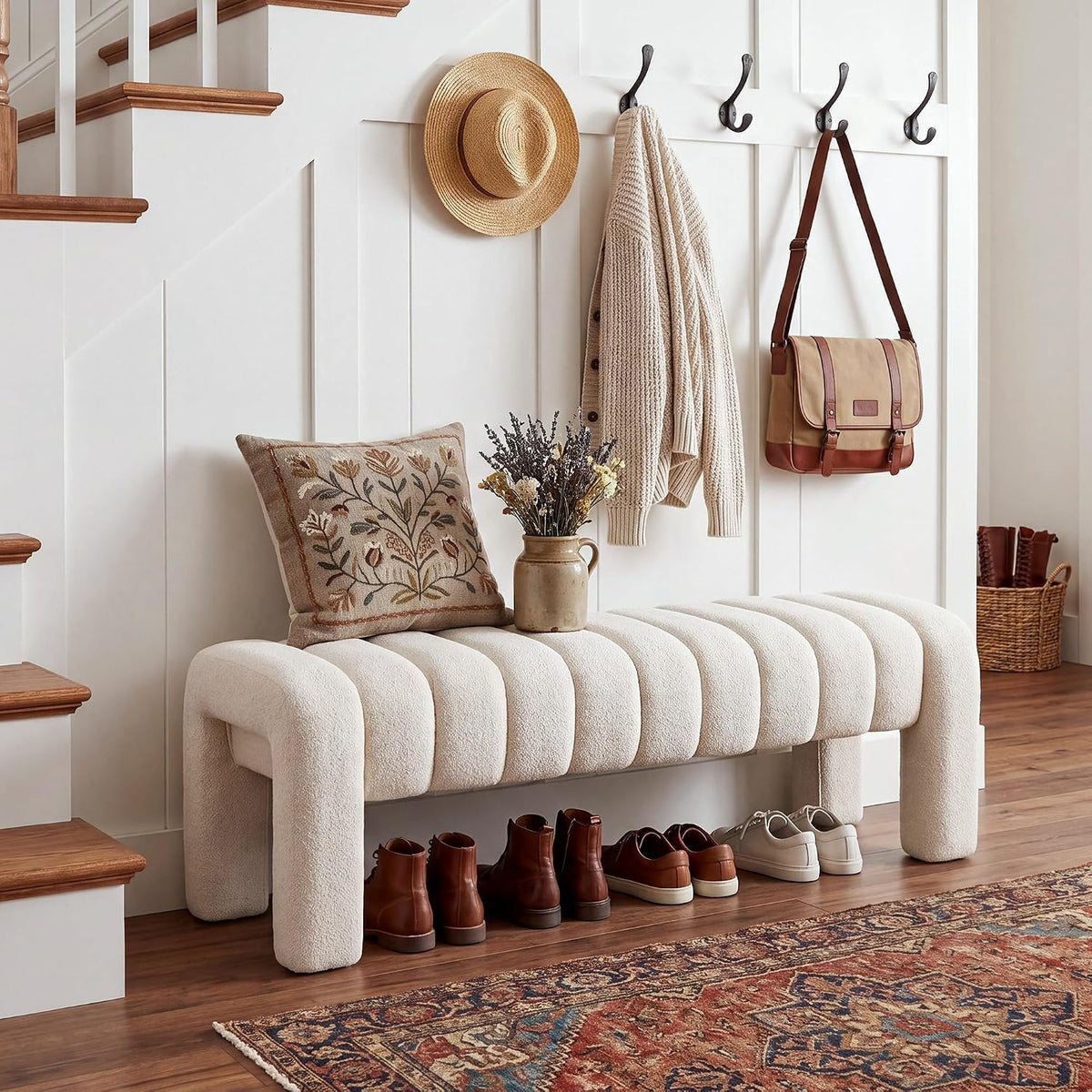 Beige Linen Channel Tufted Upholstered Bench