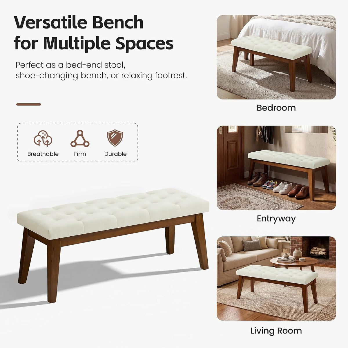 Beige Tufted Linen Upholstered Bench