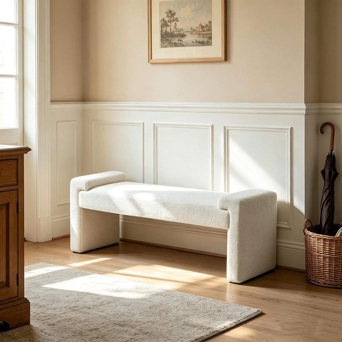White Sherpa Curved‑Arm Upholstered Bench
