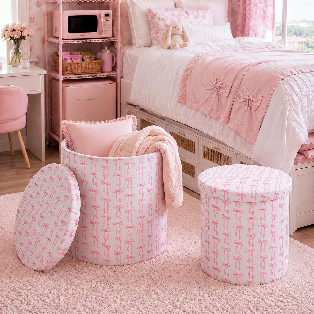 Pink Bow Dorm Storage Ottoman Set