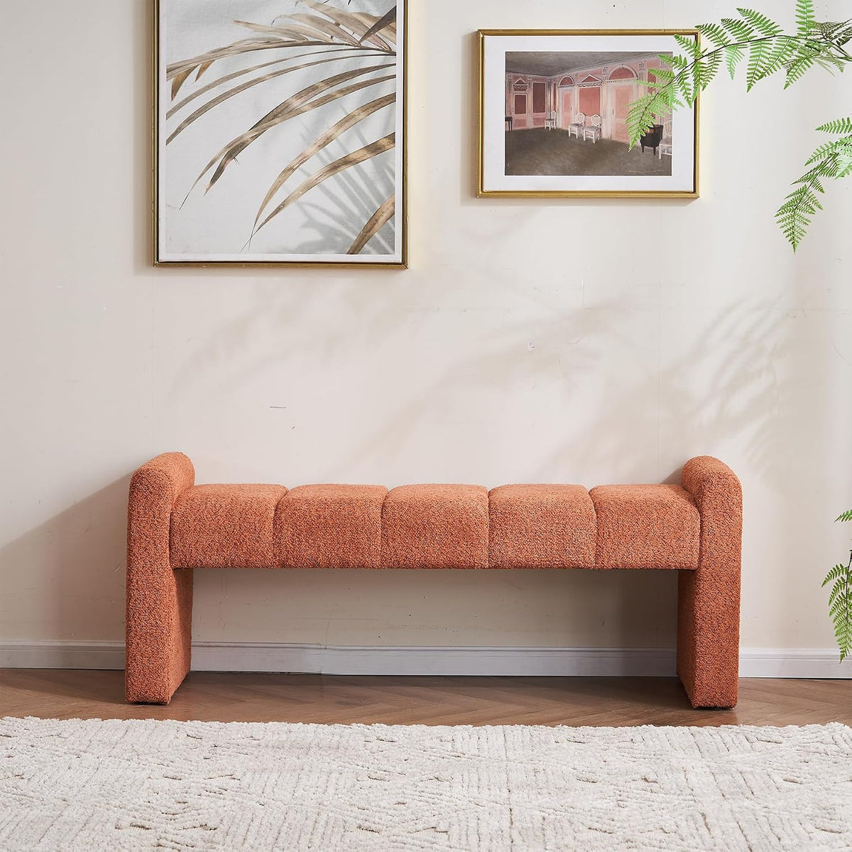 Orange Boucle Tufted Padded Upholstered Bench