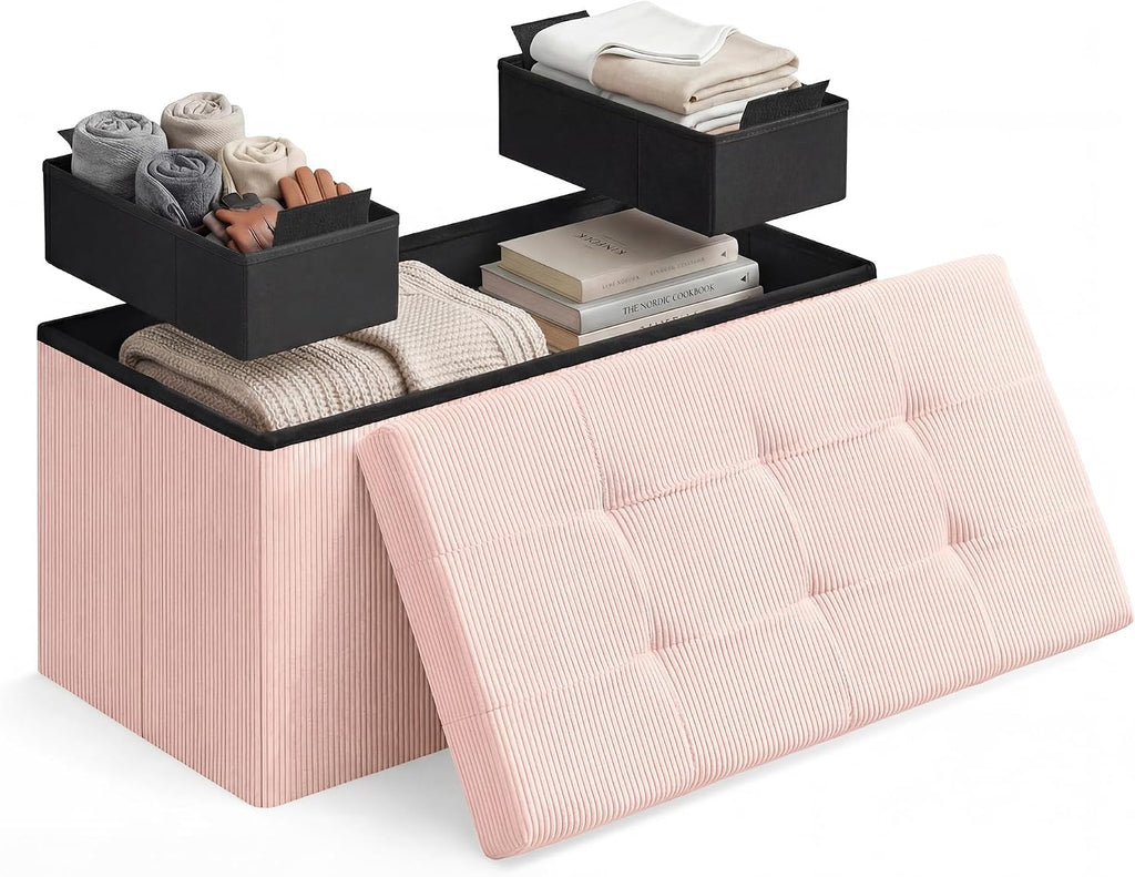 Light‑Pink Corduroy Storage Ottoman Bench