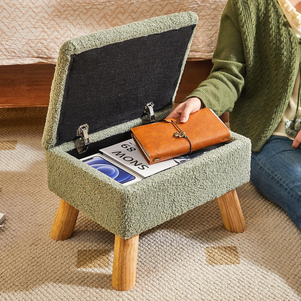 Green Teddy Velvet Wood‑Leg Storage Ottoman