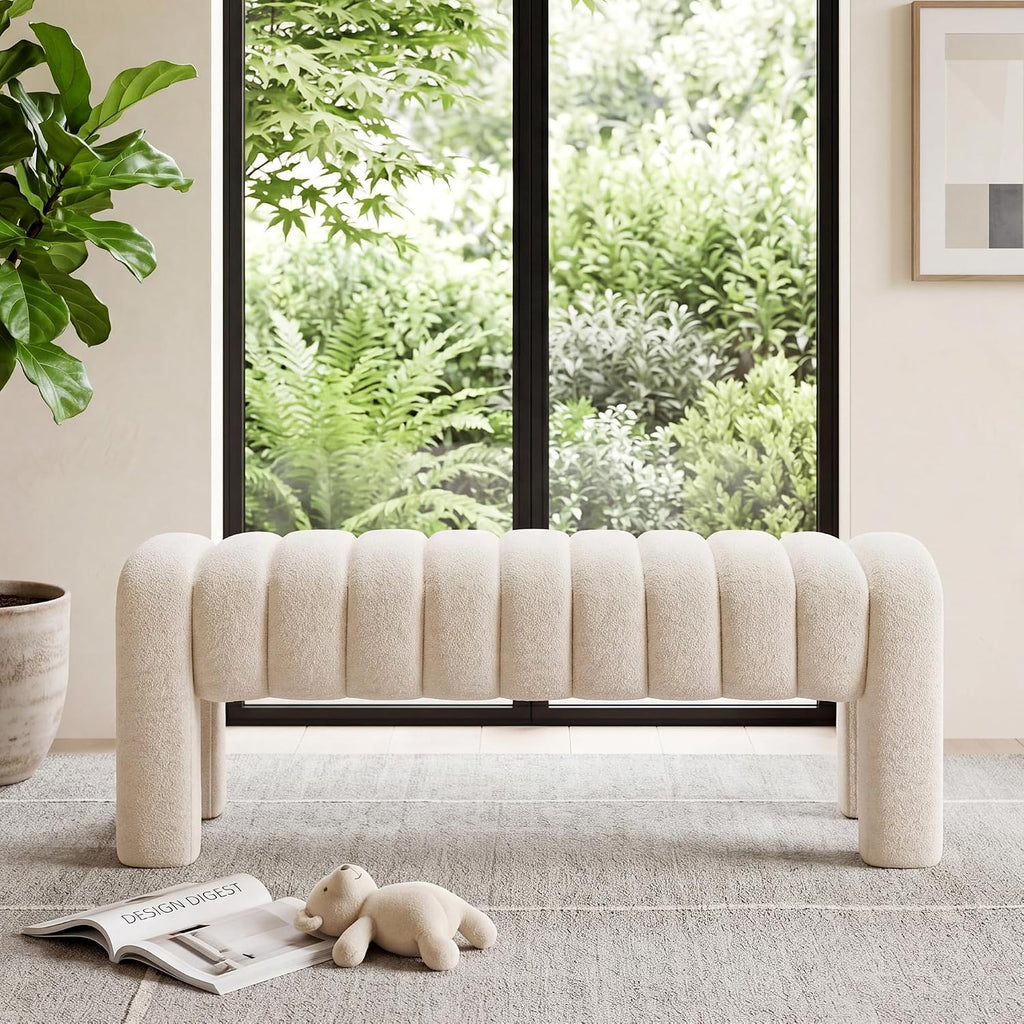 Beige Linen Channel Tufted Upholstered Bench