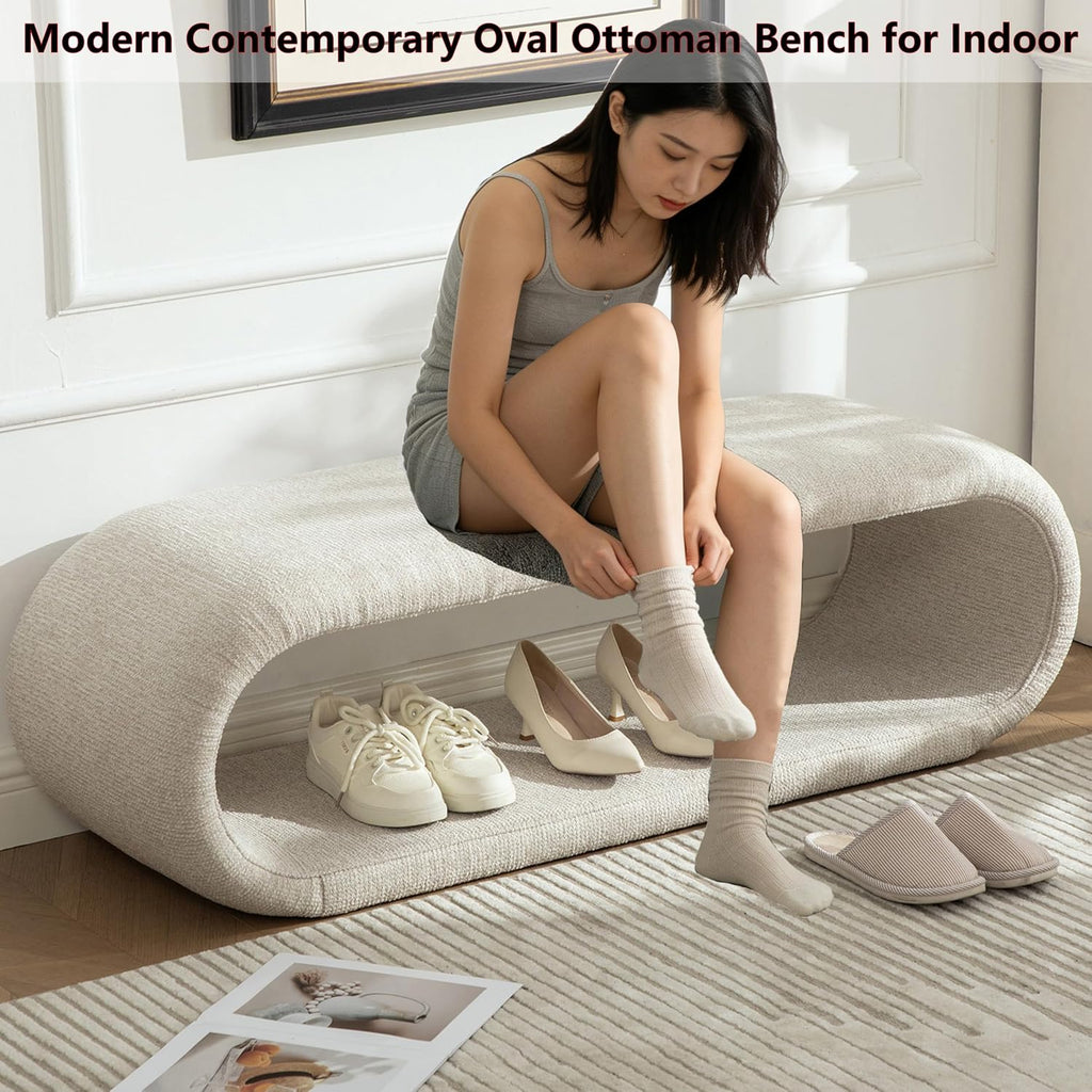 Wheat Chenille Oval Storage Ottoman Bench