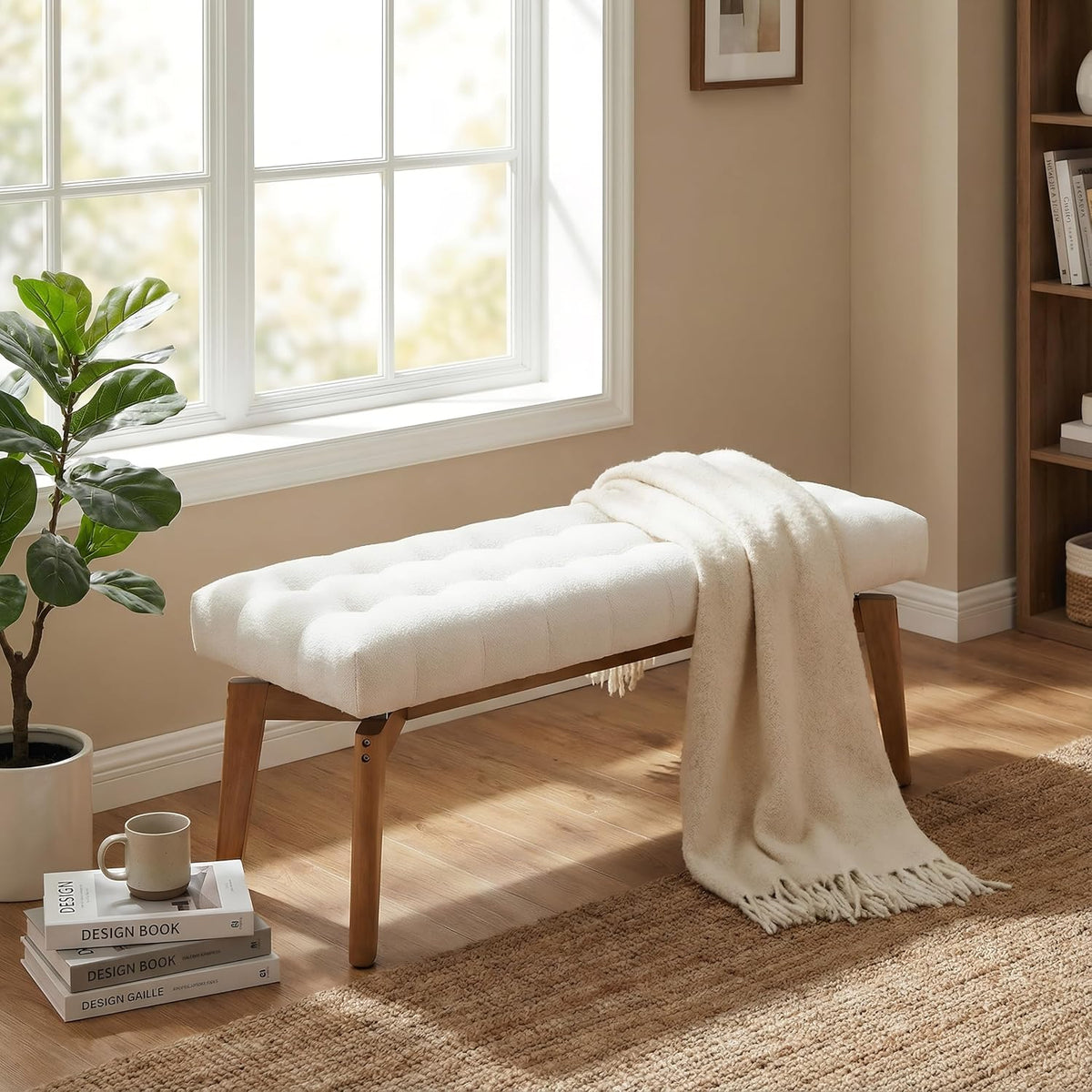 White Chenille Tufted Storage Upholstered Bench