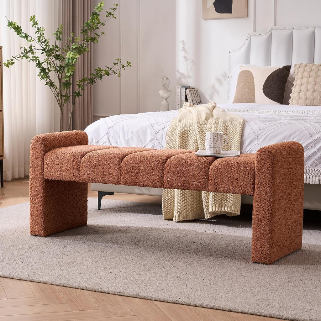 Orange Boucle Tufted Padded Upholstered Bench