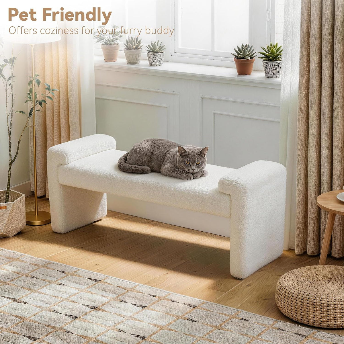 White Sherpa Curved‑Arm Upholstered Bench