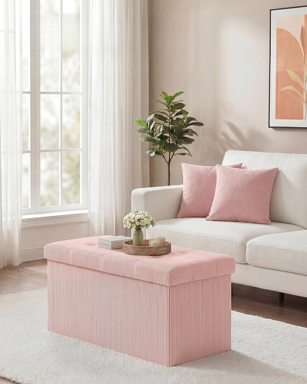 Light‑Pink Corduroy Storage Ottoman Bench