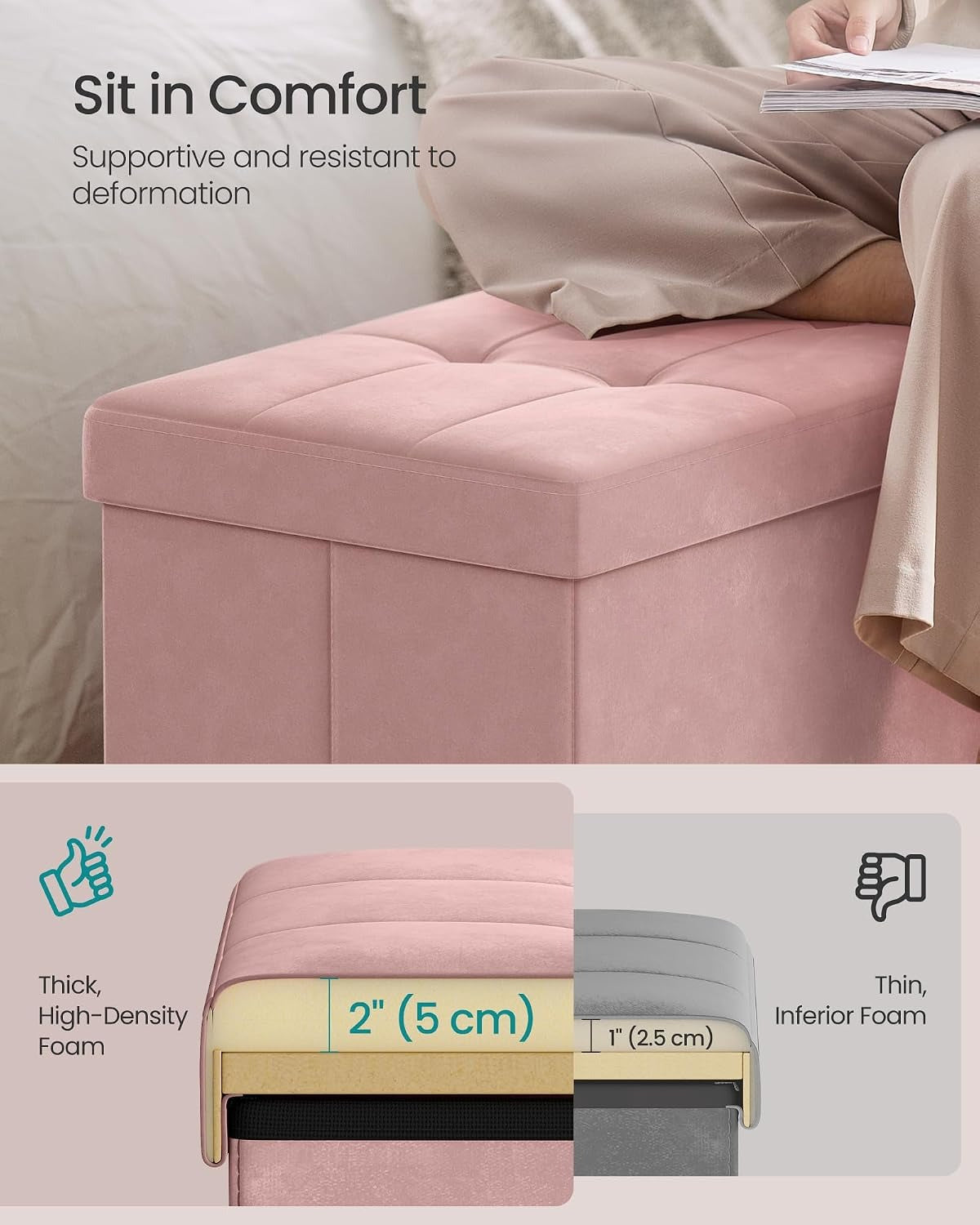 Jelly‑Pink Velvet Foldable Storage Ottoman Bench