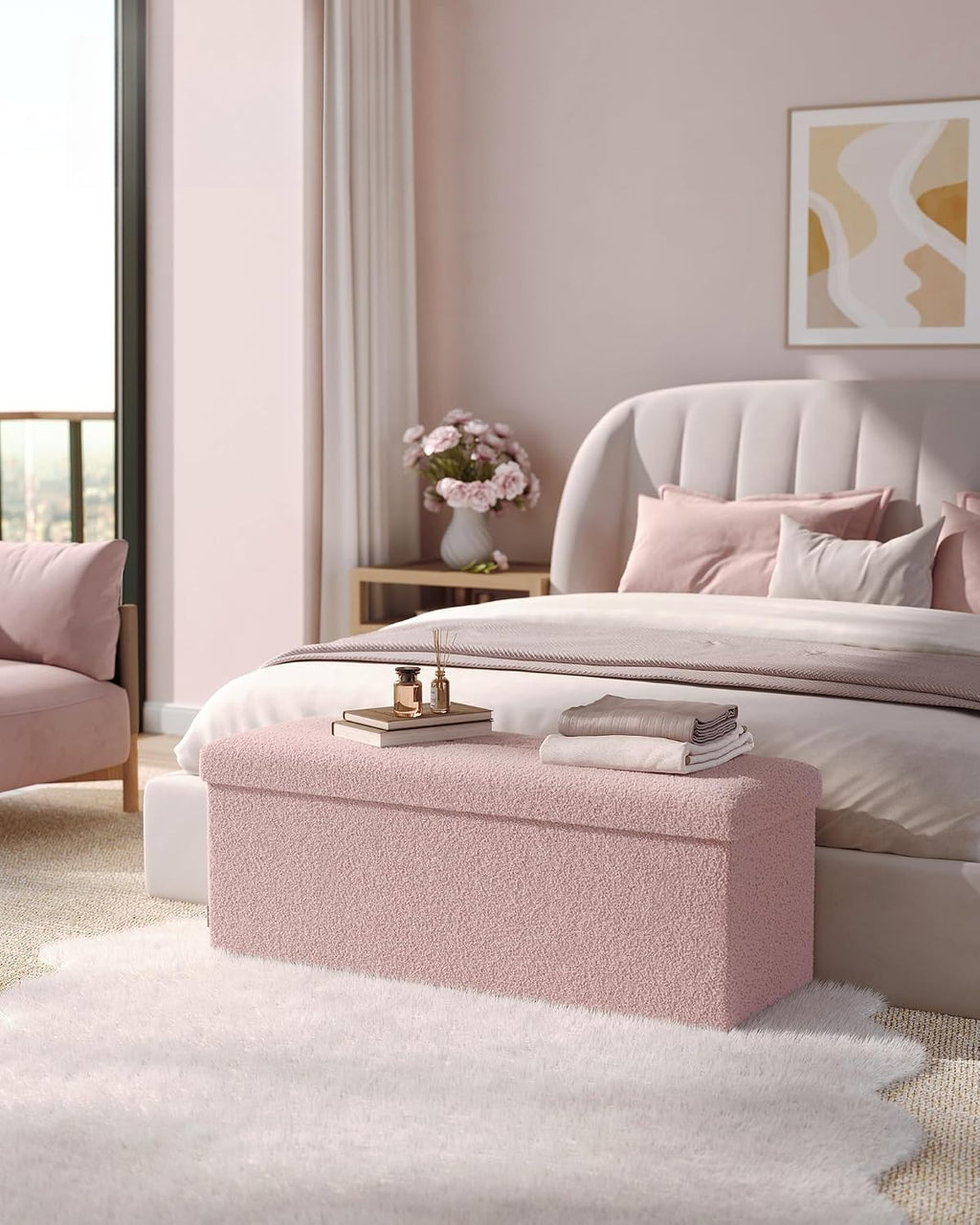 Jelly‑Pink Folding Storage Ottoman Bench
